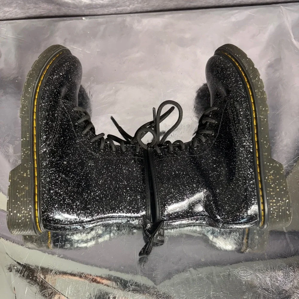 Dr Martens 1460J Girls 3 Black Glitter Leather Lace Up Zip Ankle Combat Boots